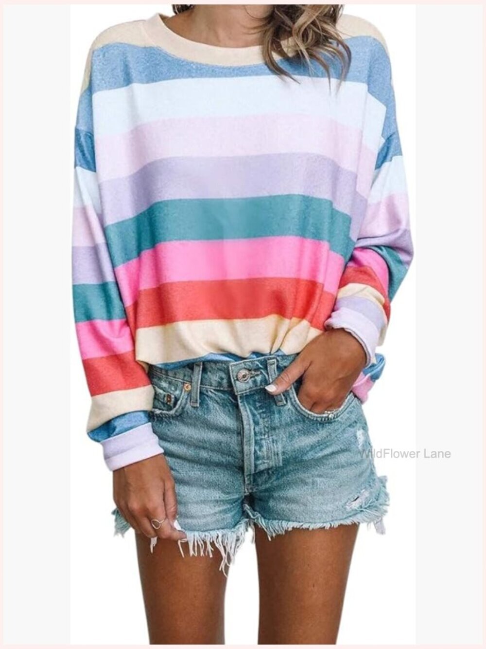 Oversized Rainbow Striped Long Sleeve Tunic Pullover Blouse